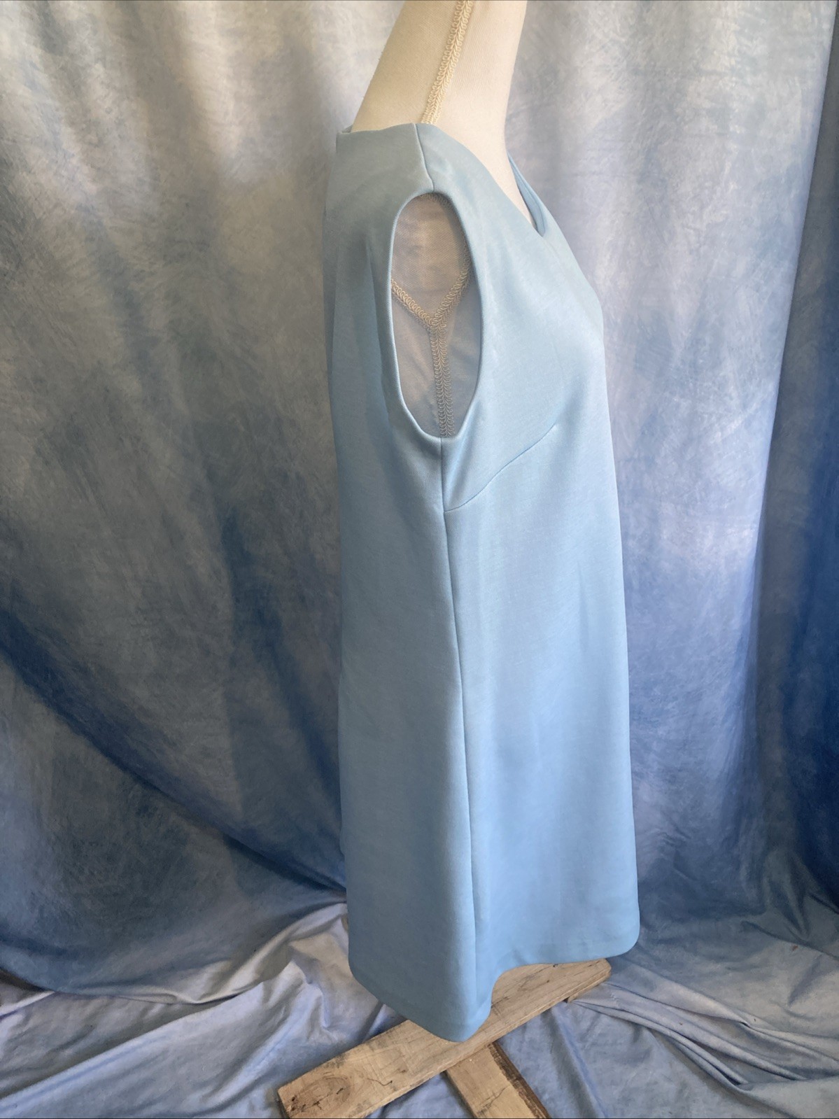 Vintage 60s Mod Shift Dress Blue Knit Polyester Plus Size XL Sleeveless Mini