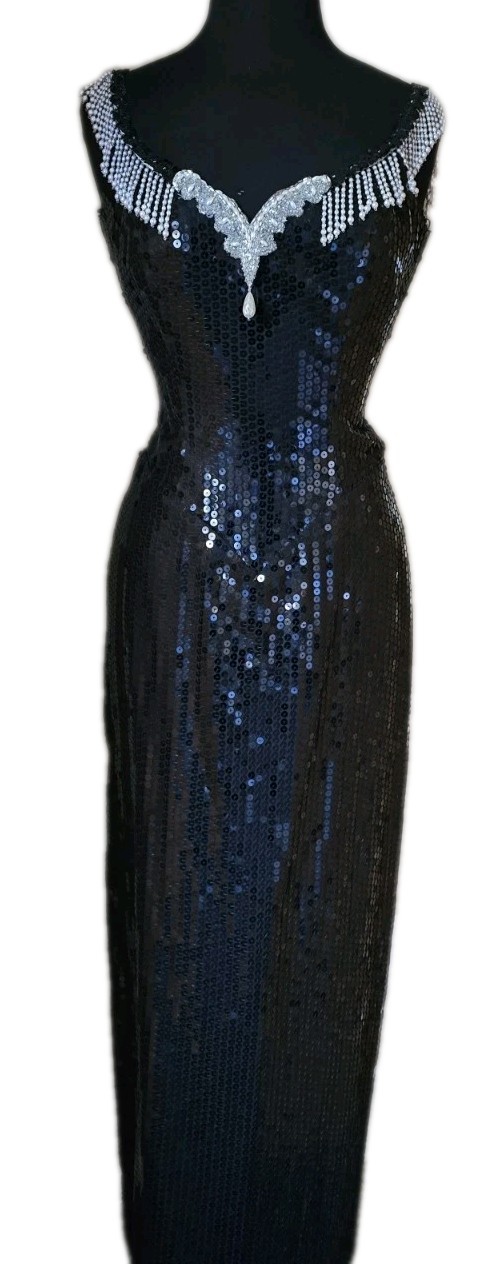 NADINE Black Sequin Evening dress Hand Sewn dangle beads cocktail gown Sz 9