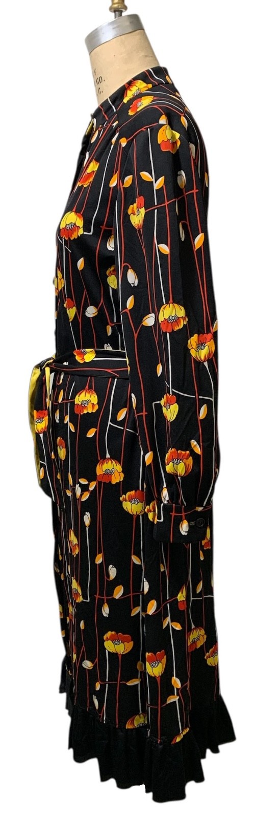 Vintage 70s Women’s LS Black Polyester Knit Floral Stripe Shirtwaist Dress Sz L