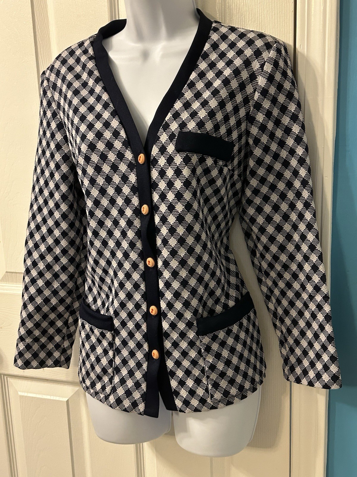 Vintage 60s MOD Bleeker Street Blue White Checkered Blazer Cardigan Retro Chic