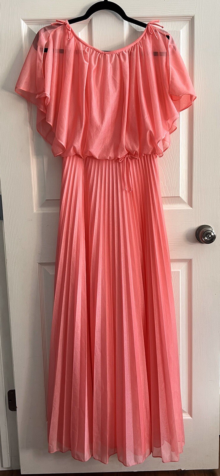 Vintage 1970’s Peach Chiffon Pleated Blouson Party Formal Maxi Dress Sz Small