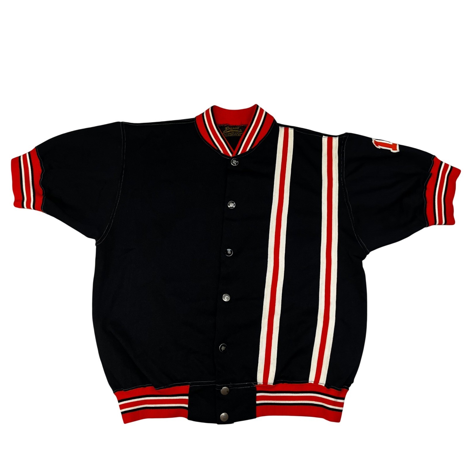 60s Vintage Russell Southern Co Winslow Athletic Jacket Black Red Snap Front S