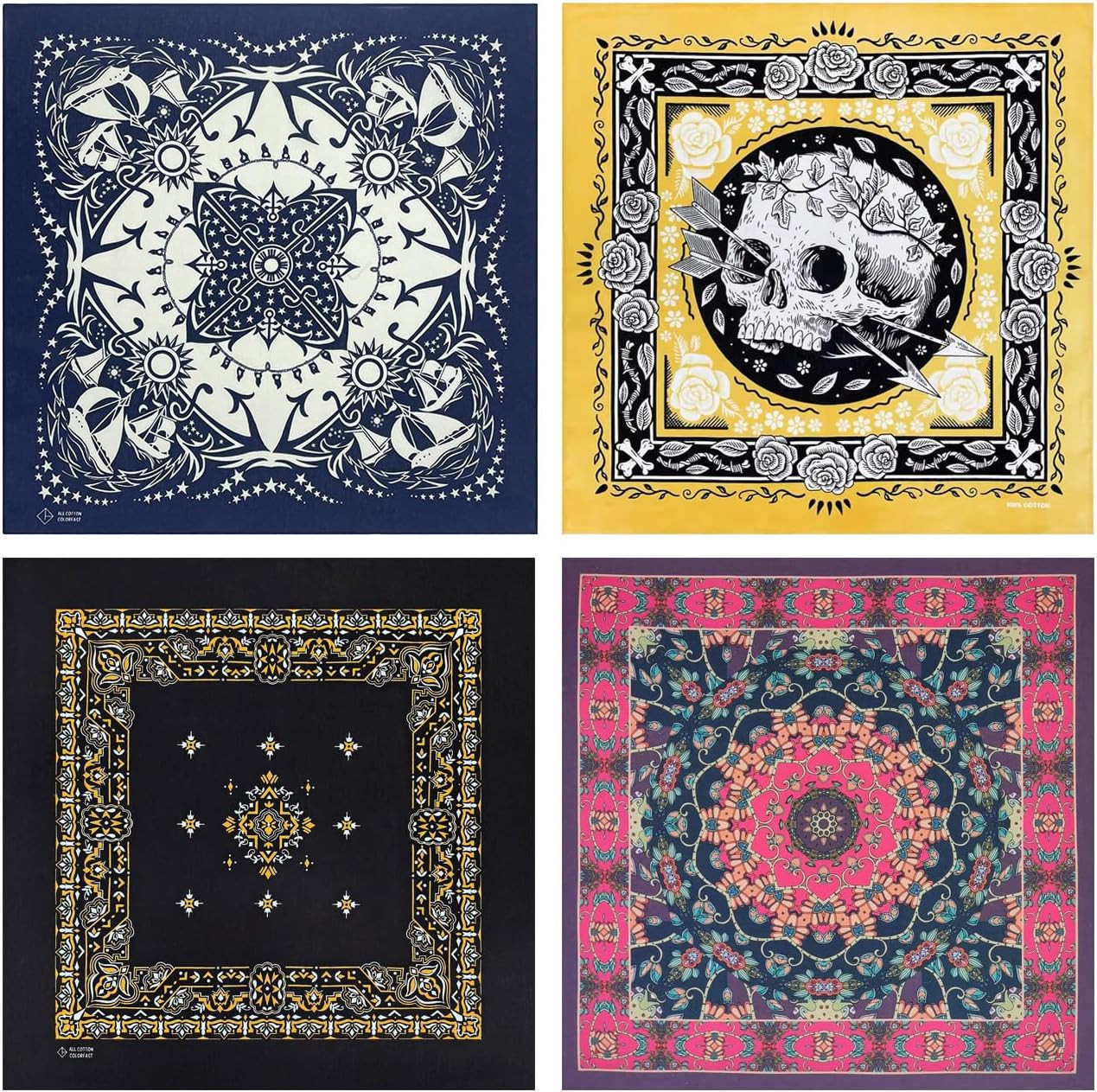 4-Pack 100% Cotton Bandana Set, Vintage Graphic Print, 22X22 Inches