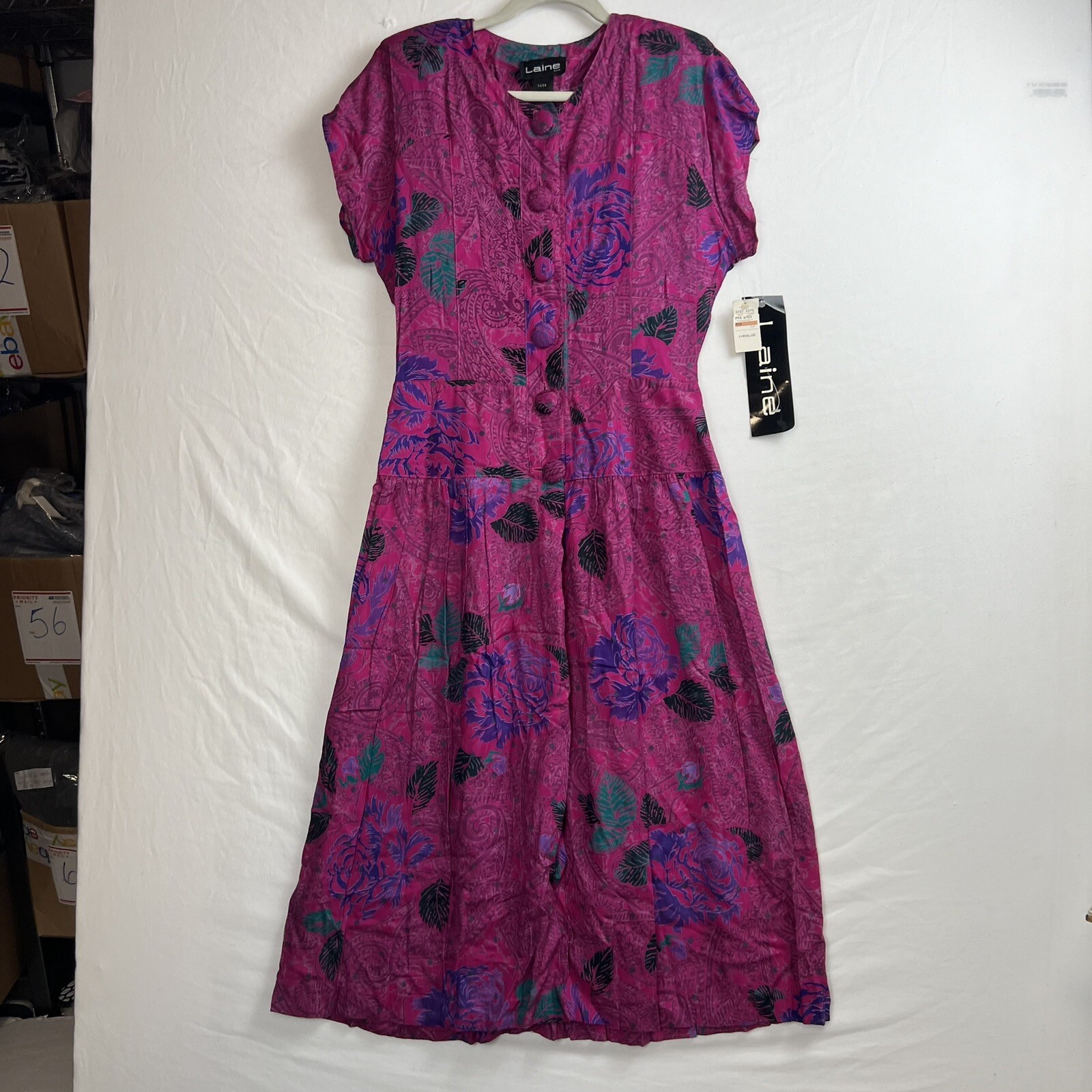VTG Laine USA Dress Women Size 13/14 Floral Rayon Short Sleeve Max