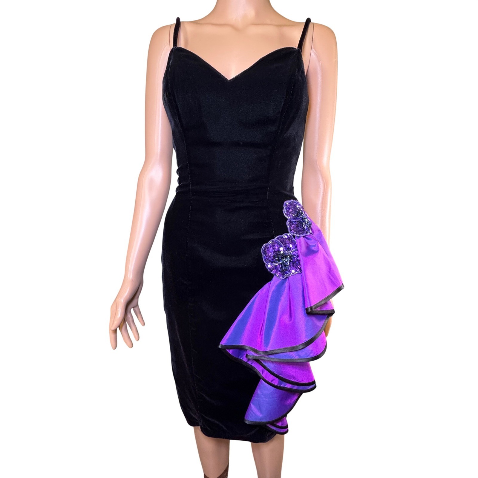 Vintage New Leaf 80s Black Velvet Purple Ruffle Beaded Floral Cocktail Dress 4