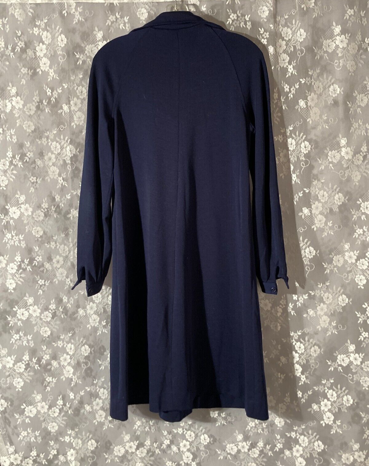 Vintage 70s Navy Blue Dress Size Medium 1970s Retro Collared Basic Knit Office