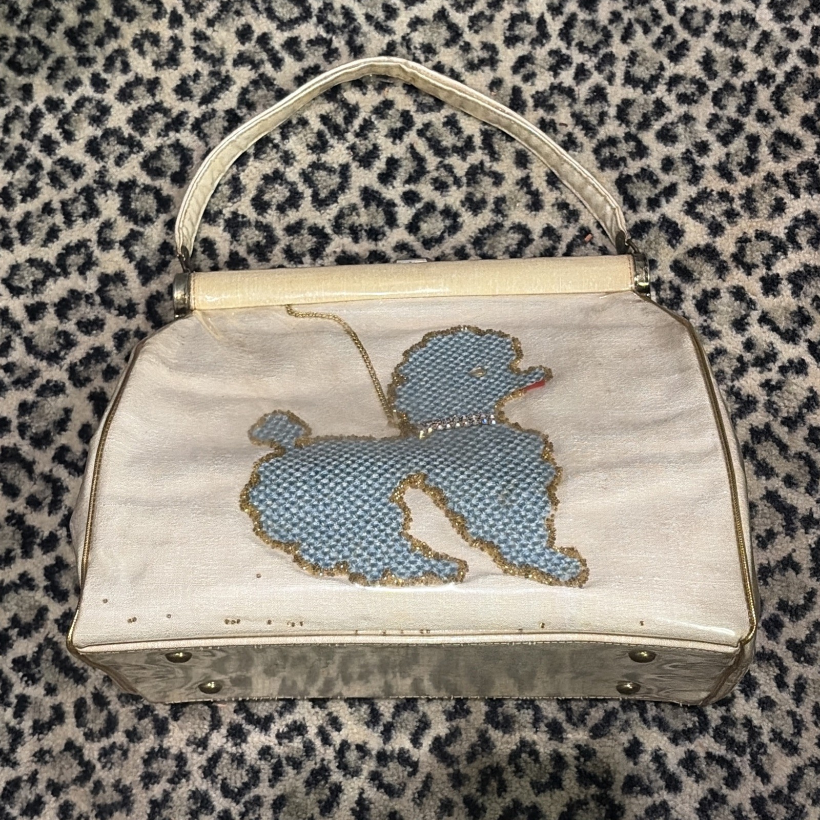 1950s Lucite Clear Plastic Poodle Purse Blue Beaded Dog Handbag MCM kitch