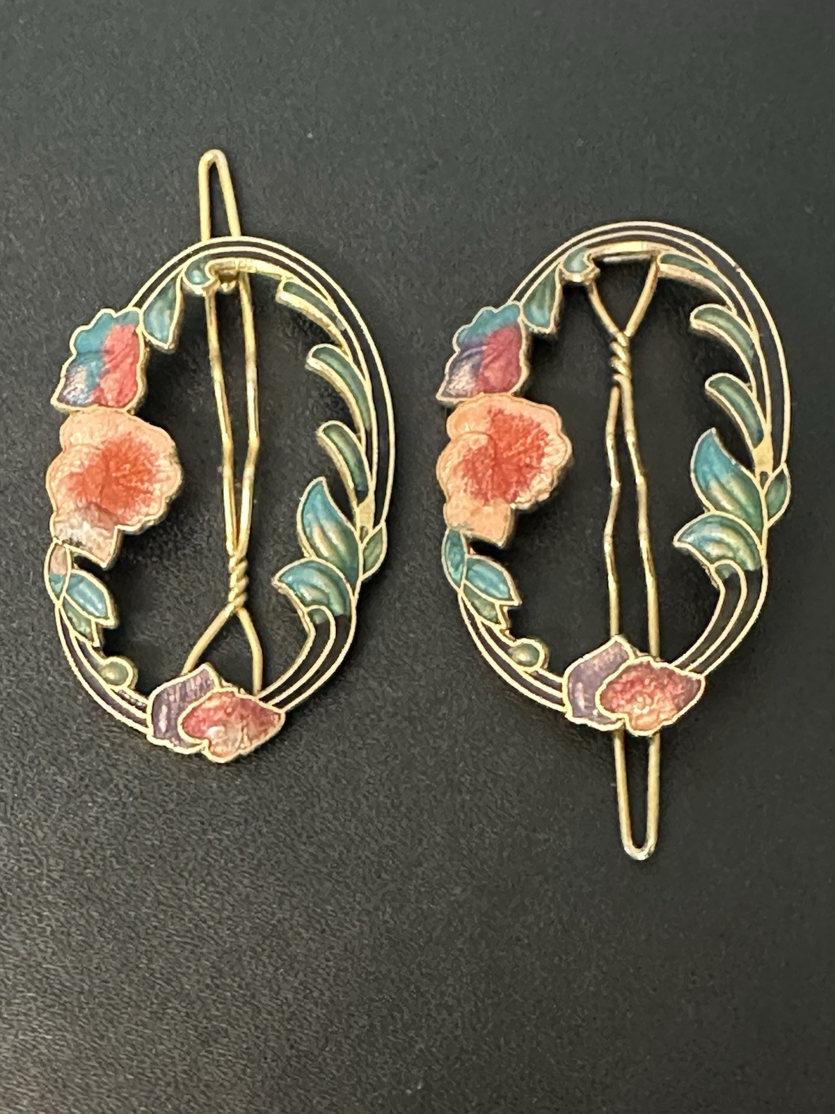 Vintage Cloisonné Floral Hair Clips Art Nouveau Gold Tone Barrettes