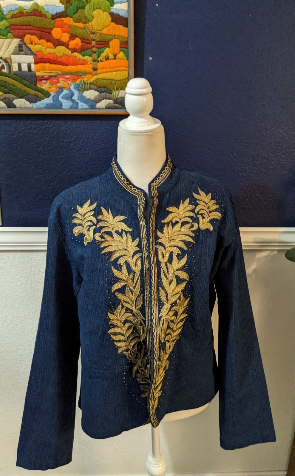VTG Entice Blue Dark Denim Floral Gold Embroidered Metallic Jacket Sz Large L
