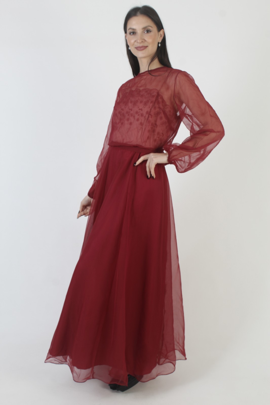 Vtg Bugundy Miss Elliette Chiffon Dress Belted Embroidered Sheer Cocktail Gown