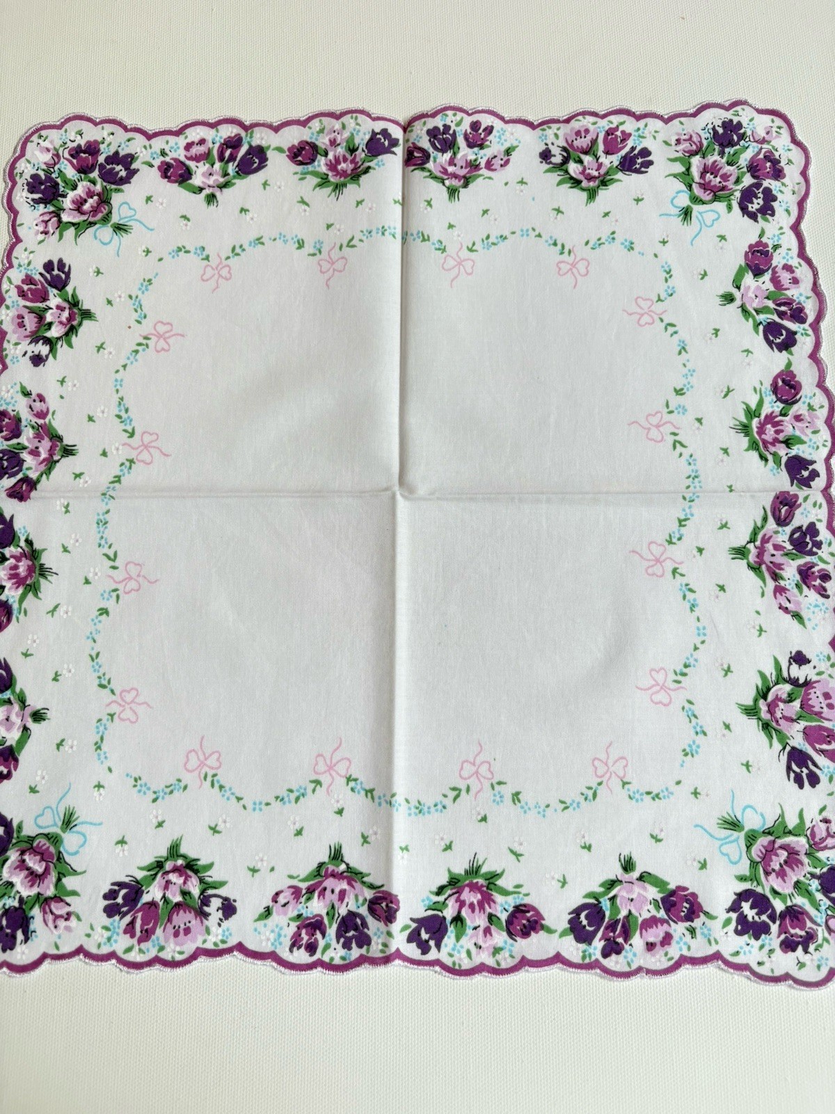 Beautiful New LuRay Violet TULIPS Handkerchief Hankie With Sweet Forget Me Nots