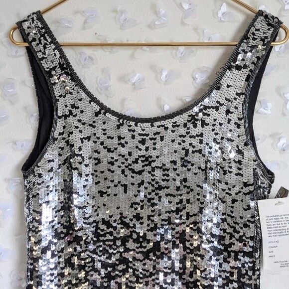 Vintage Sequin Party Dress S NEW Black Silver 80s 90s Glam Rock New Wave