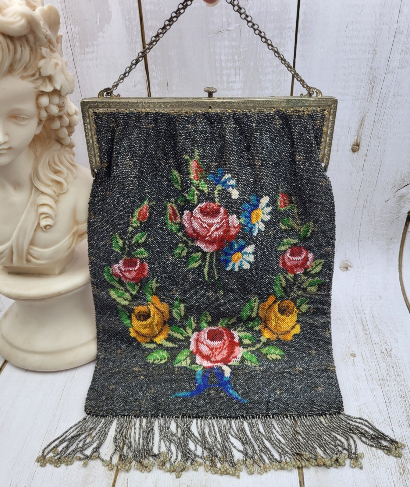 Large 13″ Antique Art Nouveau Floral Beaded Purse Handbag