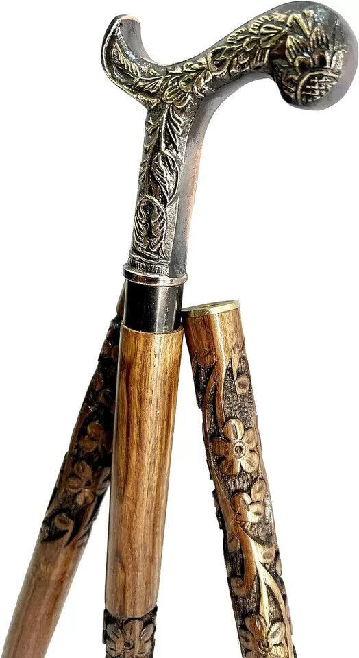 Brass Foldable Walking Stick Cane Wooden Brass Handle Gift for Men & Women