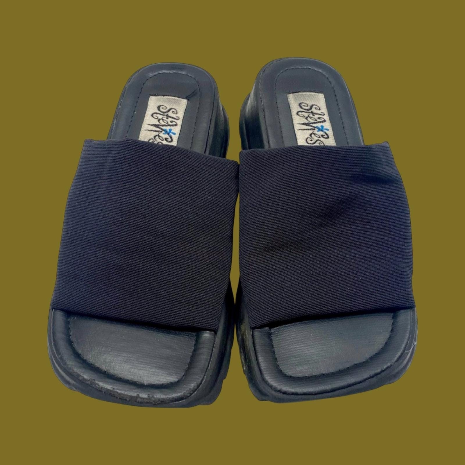 Vintage 90s Stevies Platform Sandals, Y2K Black Stretch Slides, Youth Size 1-1.5