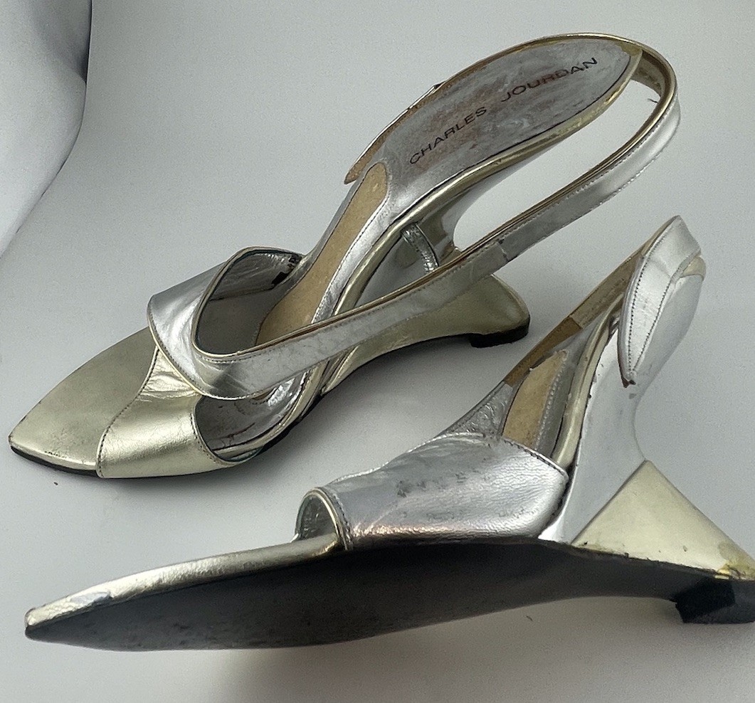 Vintage Charles Jourdan Silver Cantilever Metalic shoes Meteor Sling Back