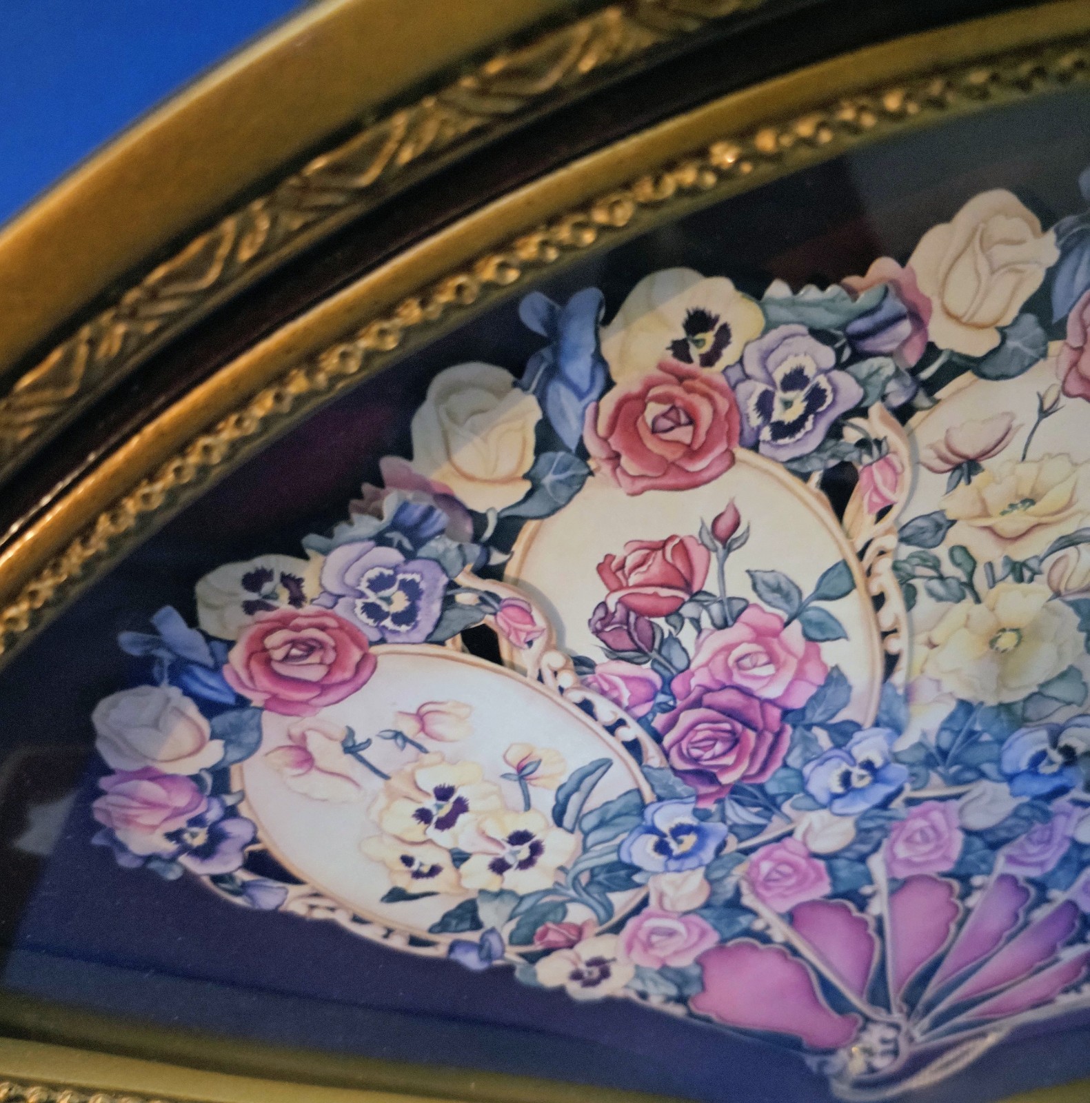 Vintage Paper Fan Framed Gold Plastic Shadow Box Victorian Style Pink Flowers