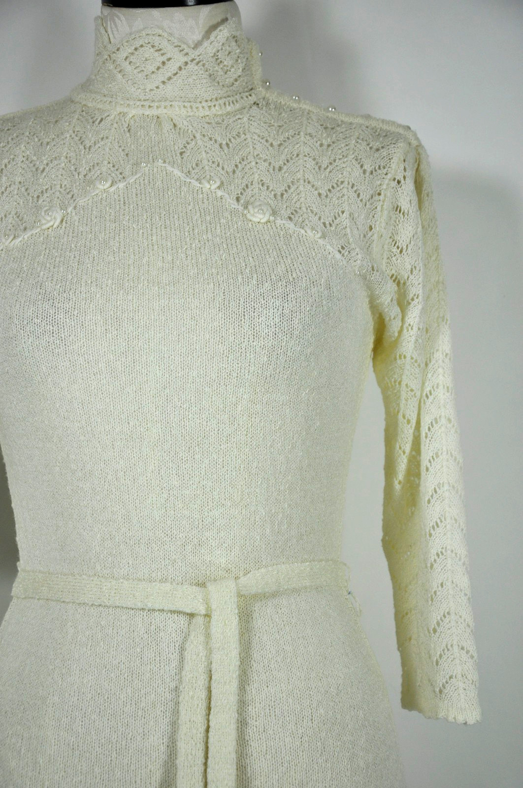 70s Vintage Cream Off White Pointelle Knit High Neck Pearl Sweater Dress Women M
