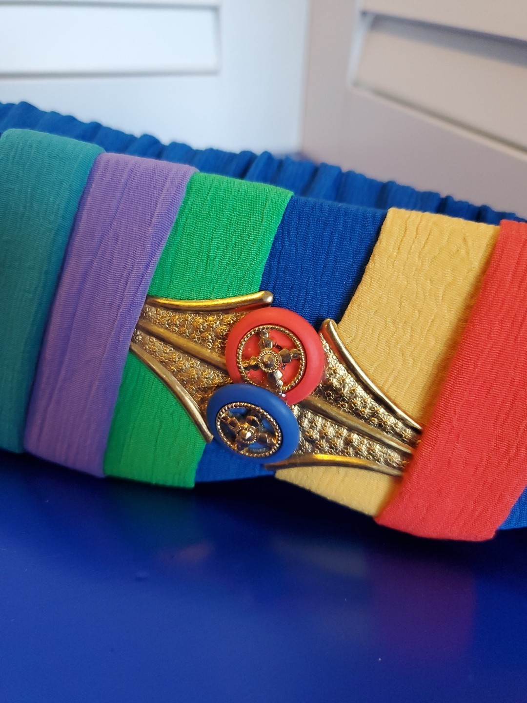 VTG 80s Belt NWT F. Rees Co Rainbow Elastic Cinch Blue Red Gold 33 Boutique NOS