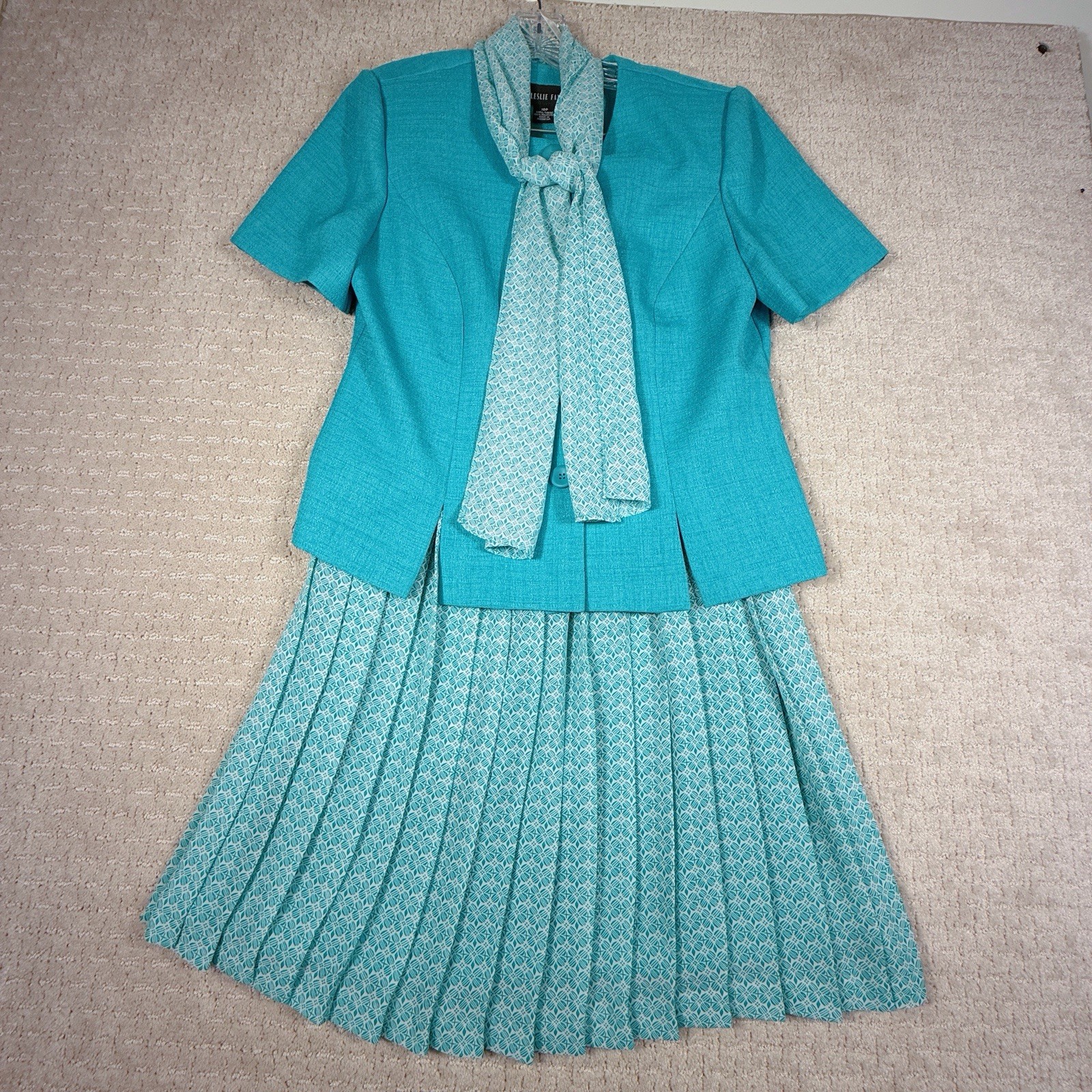 Vintage Leslie Fay Petite 3 Pc Set Size 10P Teal Pleated Skirt Blouse Secretary