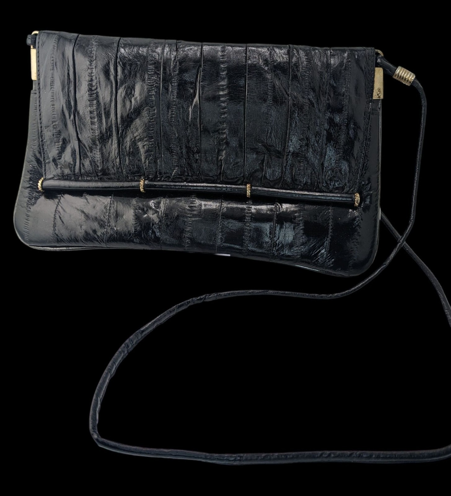Vintage 80s Genuine Eel Skin Black Clutch Purse With 22-Inch Strap Drop Korean C