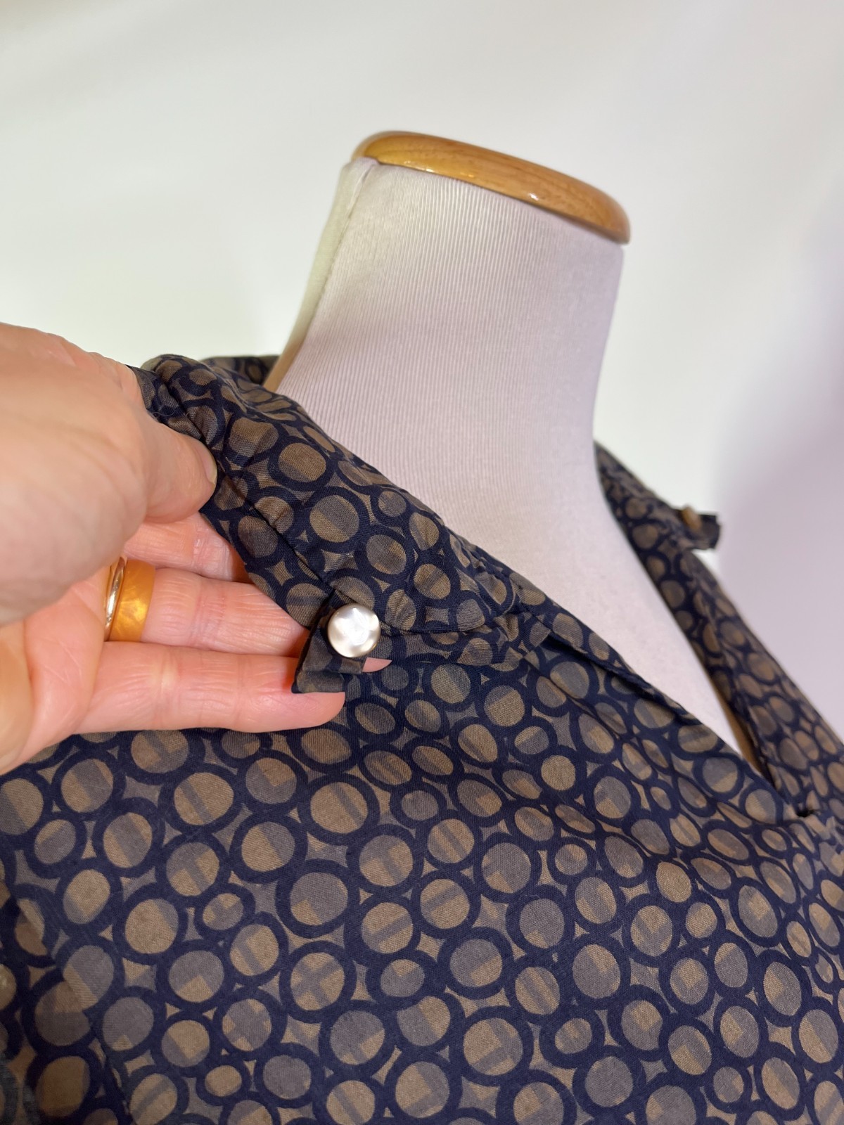 Vintage early 70s? Shirtdress Homemade Blue Circles Print Pockets