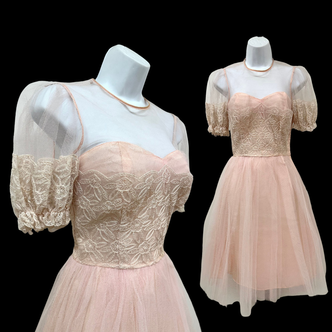 Vintage 1950s Tulle Baby Pink Puff Sleeve Dress with Floral Appliqué