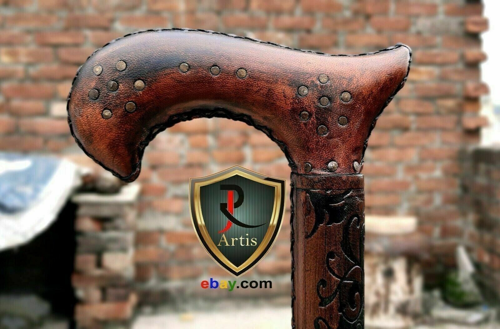 Antique Cane Walking Stick W/Leather Carved Cane Light Comfortable Handle Gift