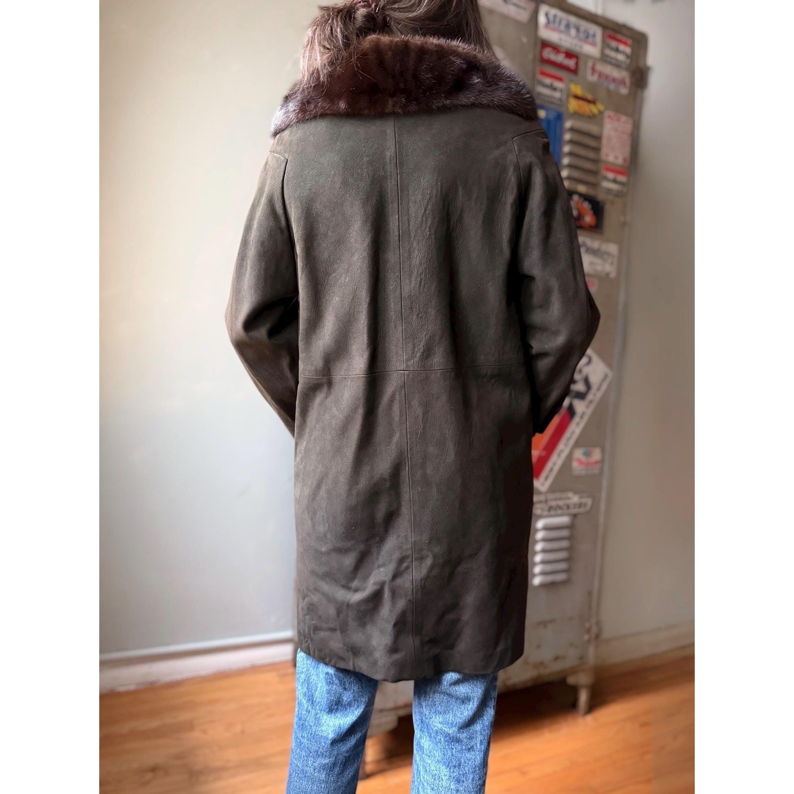 Vintage 60s Suede Coat | Mink Fur Collar Mid Length | Chocolate Brown | Size M/L