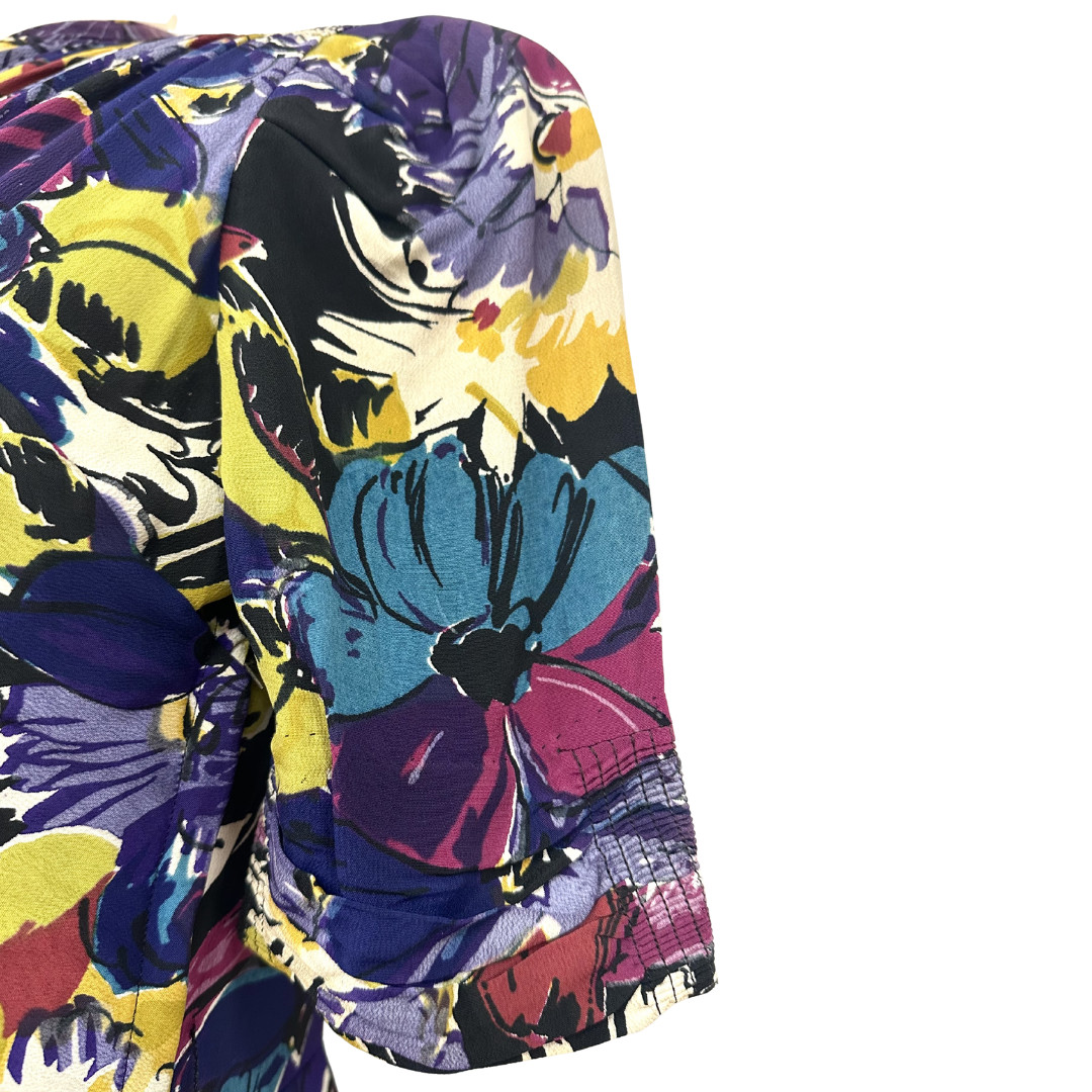Vintage 1940s Rayon Jewel Toned Screenprinted Floral A-line Day Dress