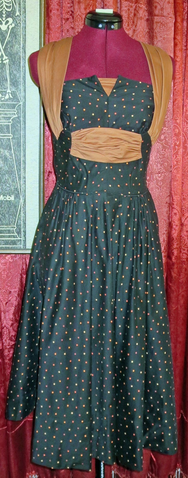1950s Black and Orange Polka Dot Halter Party Dress with Bolero Marjae Miami XXS