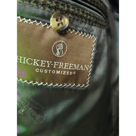 Hickey Freeman 46R Wool Cashmere Blazer Jacket Brown Houndstooth Made in USA VTG