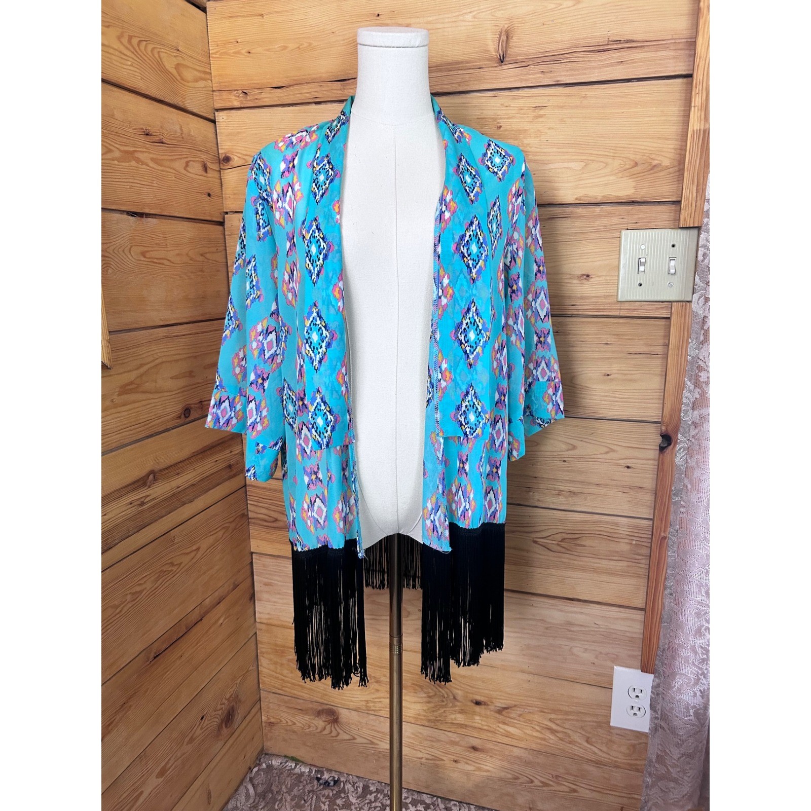 Vintage Geometric Kimono Cardigan Womens Small Turquoise Fringe Boho Dot-Ty
