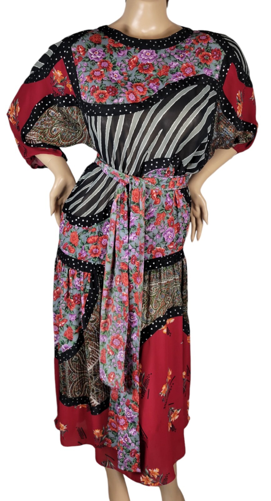 Vtg 80s Diane Freis Georgette Floral Patchwork Maxi Midi Boho Festival Dress M/L