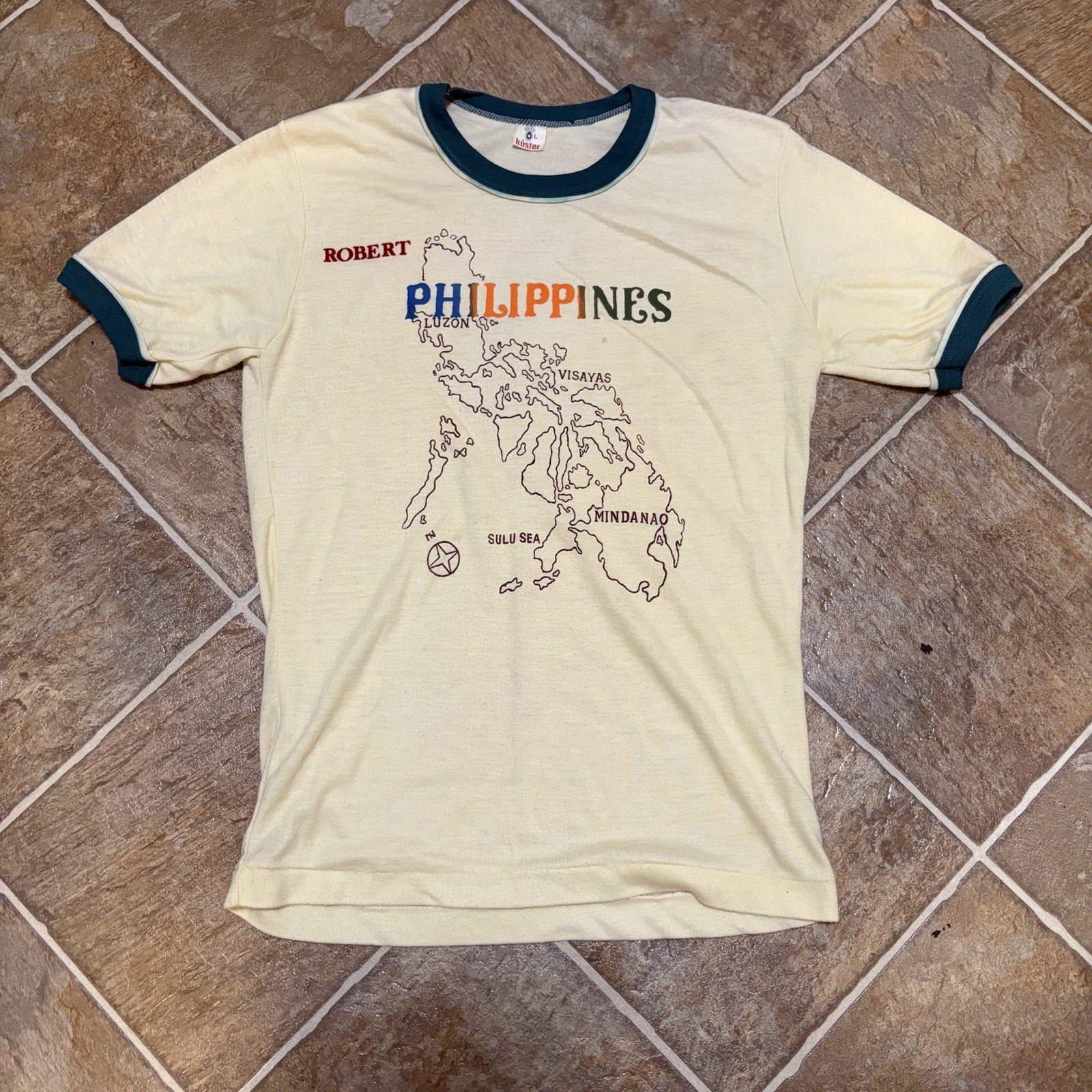 Vintage 1970s Philippines Map Ringer T-Shirt Small 17×24 Travel Tee