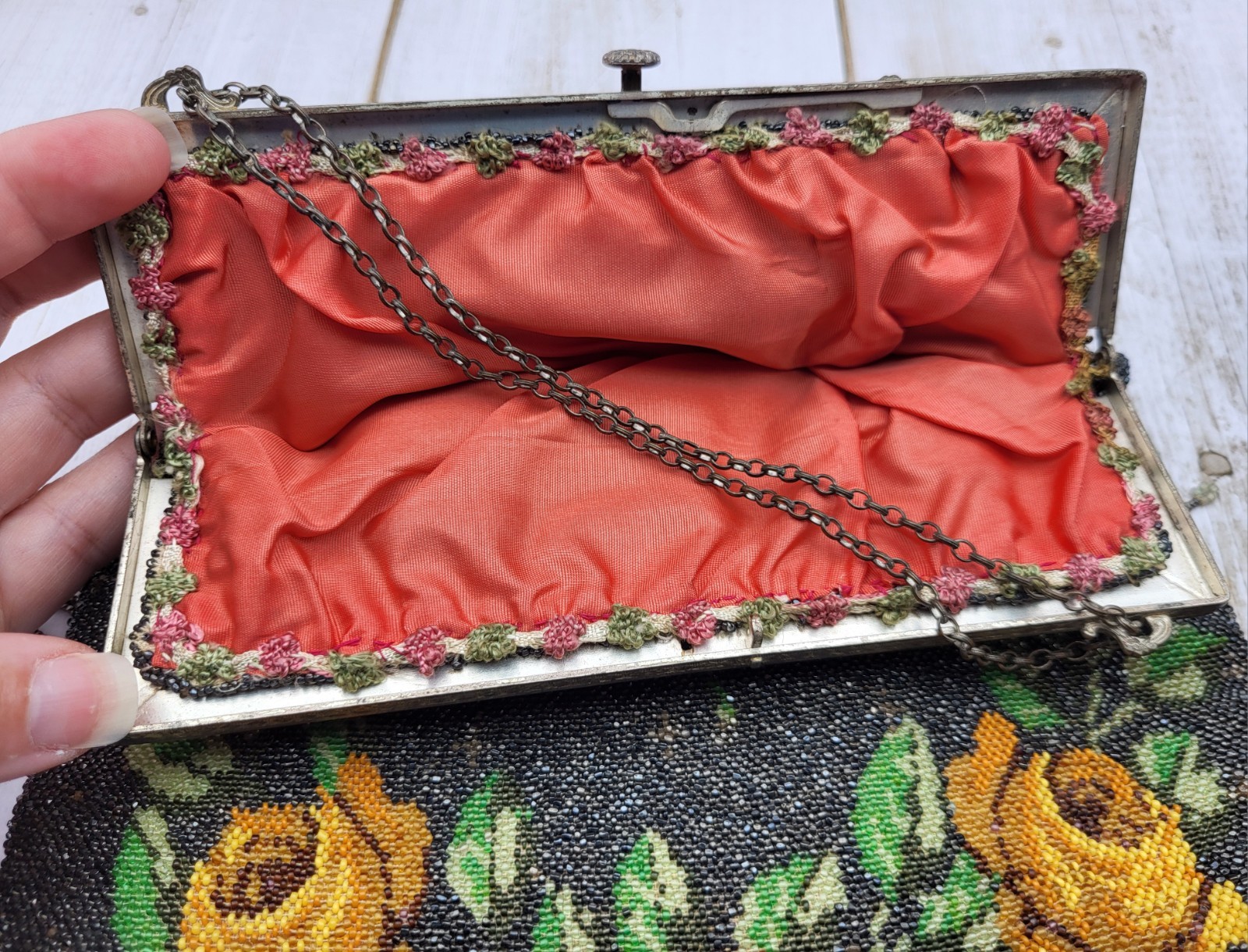 Large 13″ Antique Art Nouveau Floral Beaded Purse Handbag