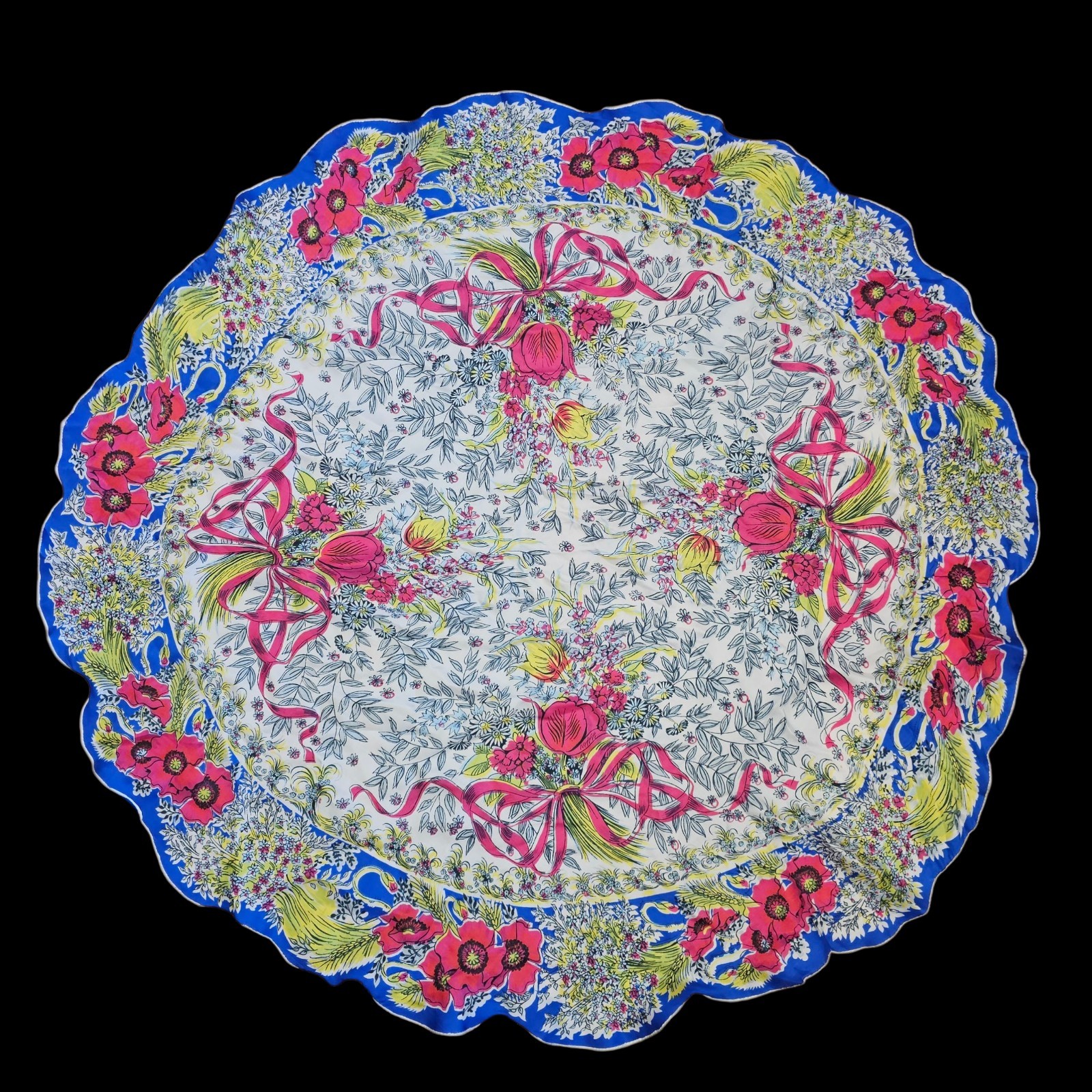 VTG Silk Round Floral Hankerchief Scalloped Edge Blue Pink Rare 40 In Rolled Hem