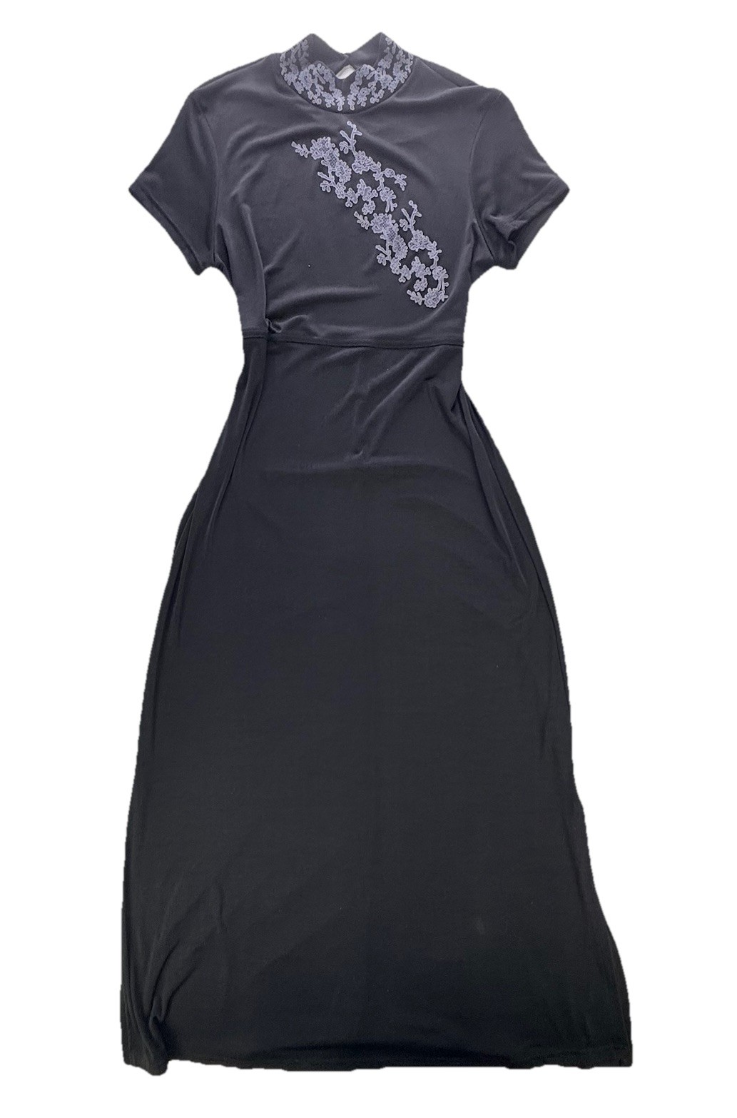 Vintage Studio Black Maxi Dress Mandarin collar, embriodery made in USA LG