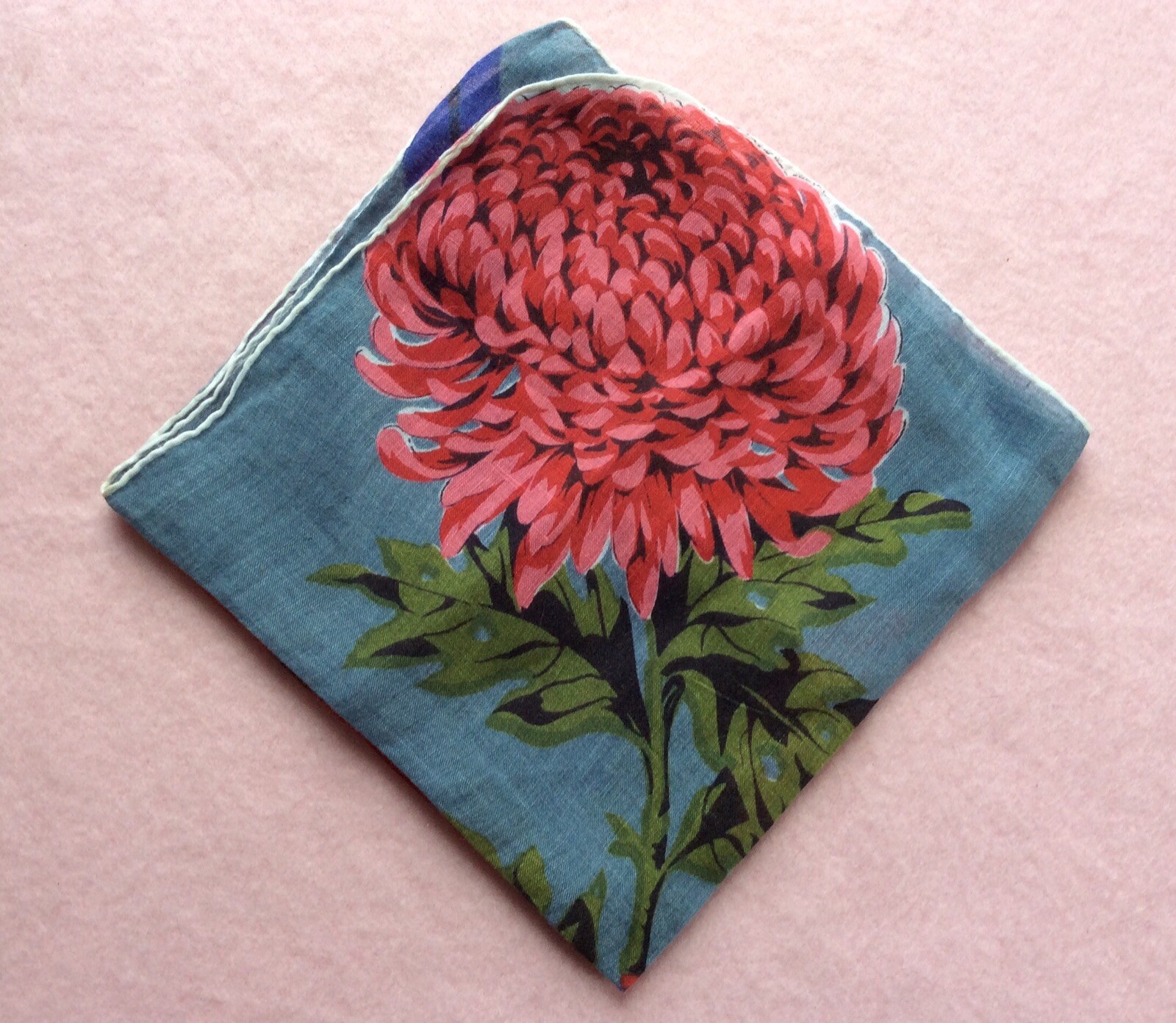 Vtg Hanky Hankie Chrysanthemum Flowers Floral Pink Blue Hand Rolled Hem Ribbon