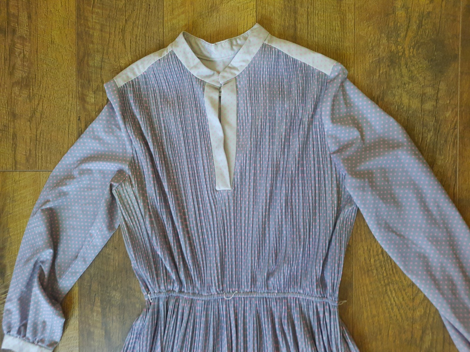 VTG Hal Ferman Midi Dress Women Size M Long Sleeve Gray Pink Polka Dots Pleated