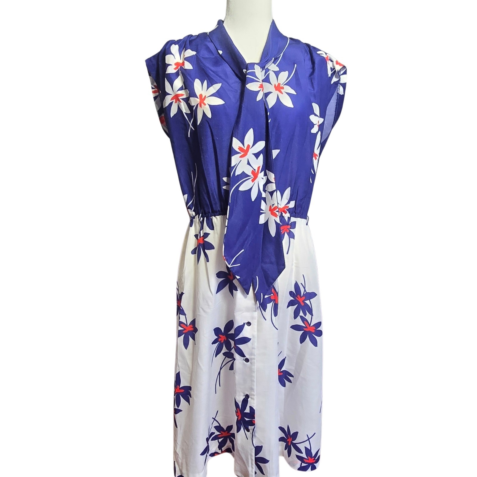 Vintage 1980s Day Dress with Doleman Sleeves and Elastic Waste M/L