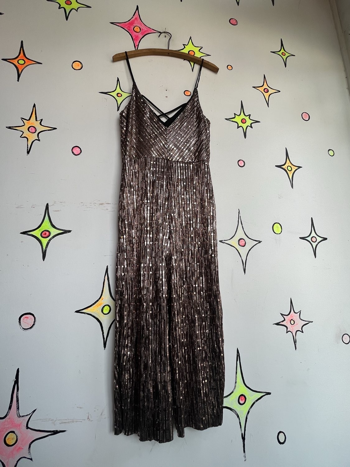 Metallic Gold Y2K Does 70s Disco Wide Leg Party Jumpsuit Retro Clubwear S/M