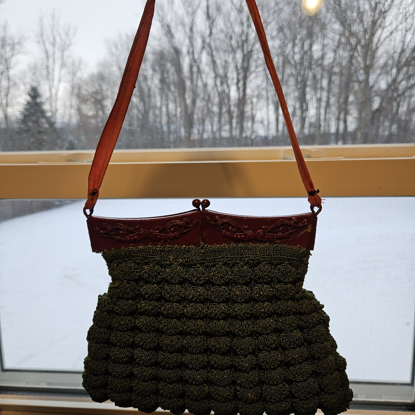 Vintage Art Deco Crochet Style Handbag Purse With Metal Hinge Closure See Photos