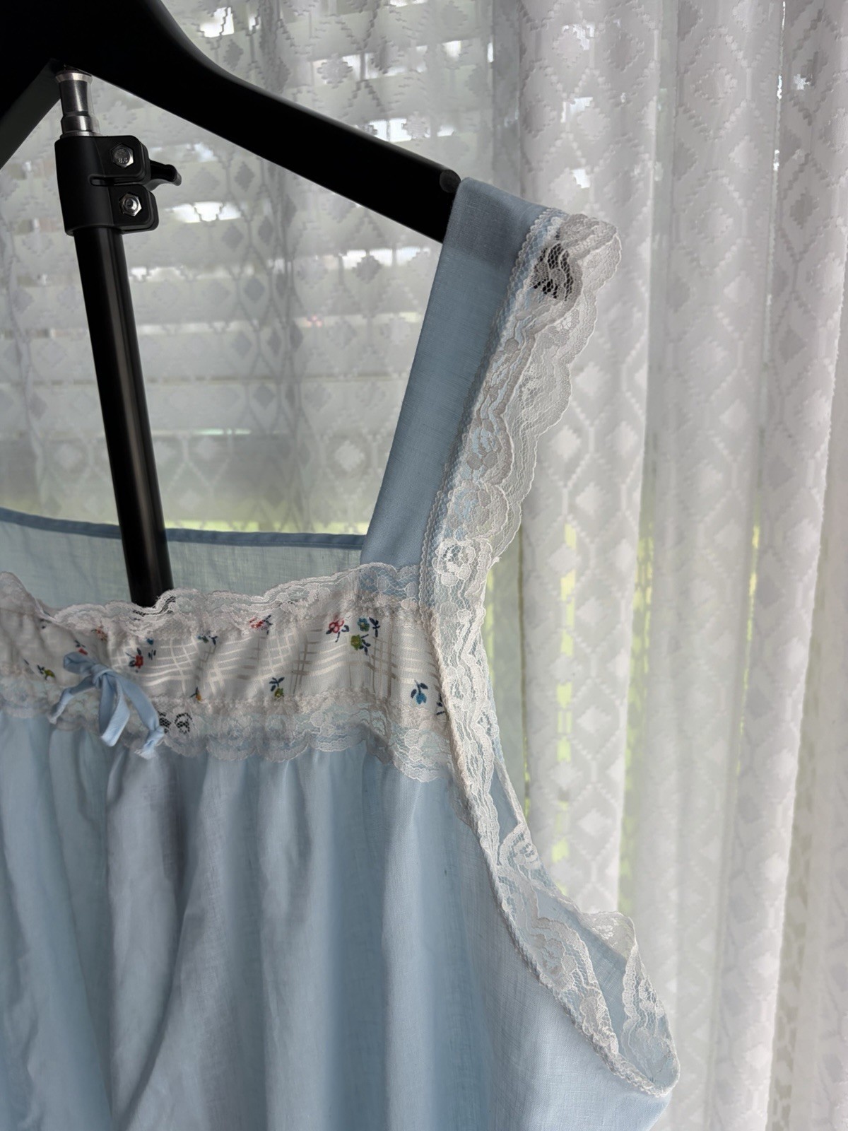Vintage Sears Blue Nylon Nightgown Plus Size Lace Floral Trim GrannyCore Cottage