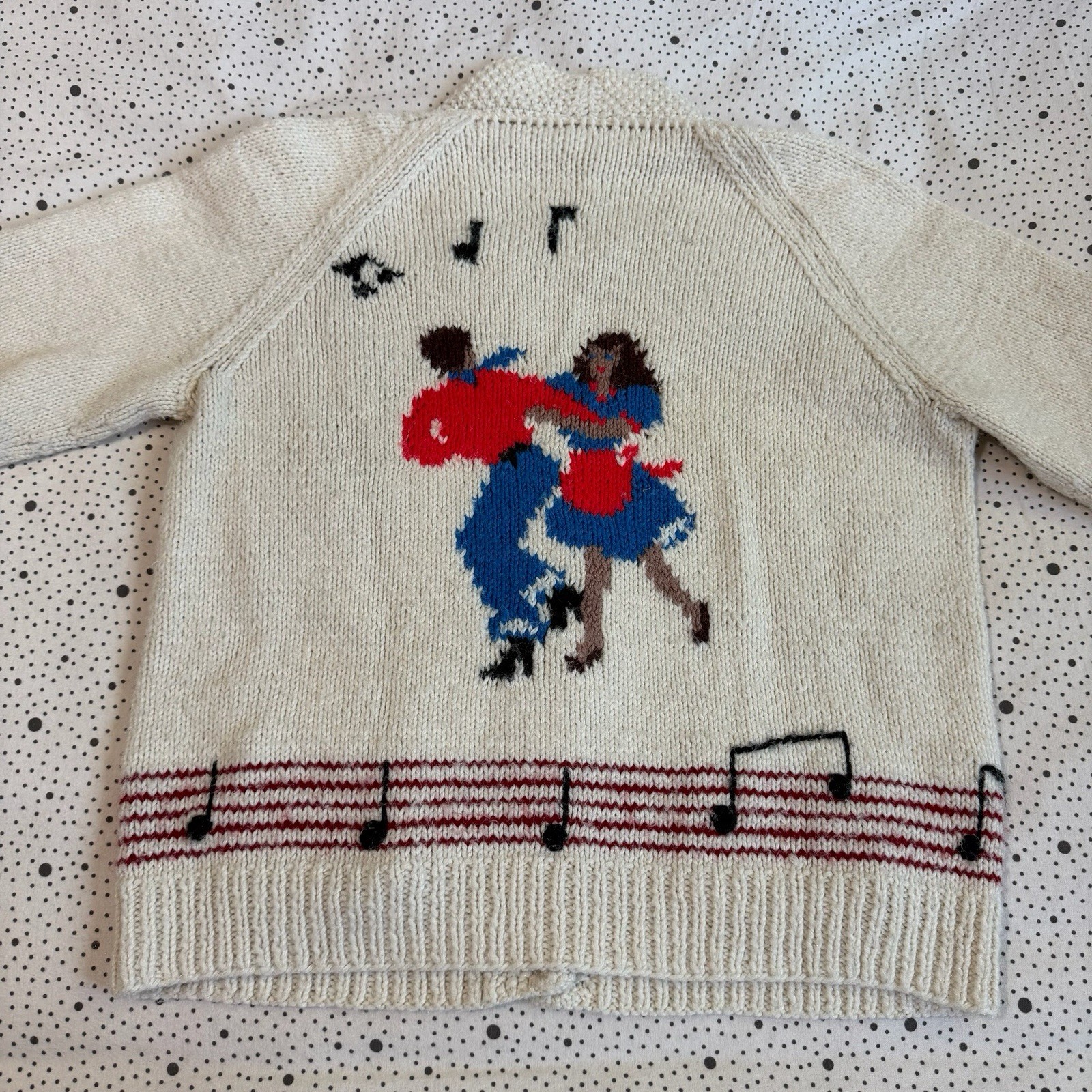 Vintage 1970s Knit Cardigan Sweater Women’s Medium (20×22.5) Music Dance Artsy