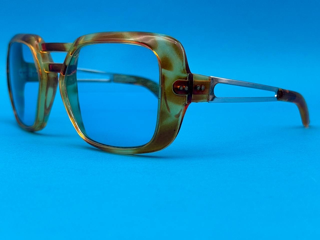 Vintage Oversized Square Eyeglasses Frames Brown Marble Clear Lens France 80s