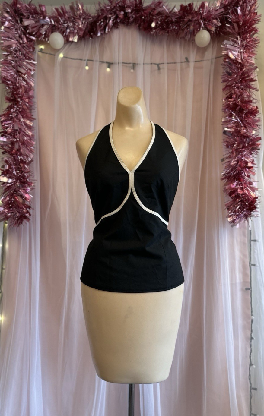 Vintage 90s Y2K Halter Top Black White Stretchy 2000s Minimalist Open Back L/XL