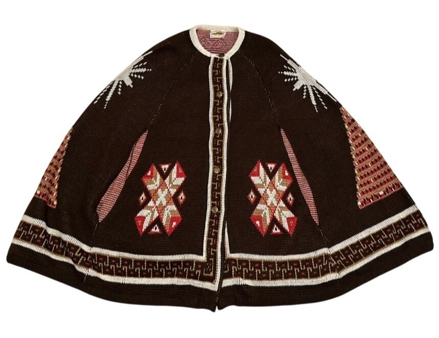 Vintage STURBRIDGE Woven Knit Poncho w Button Geometric Native Aztec Kachina 70s