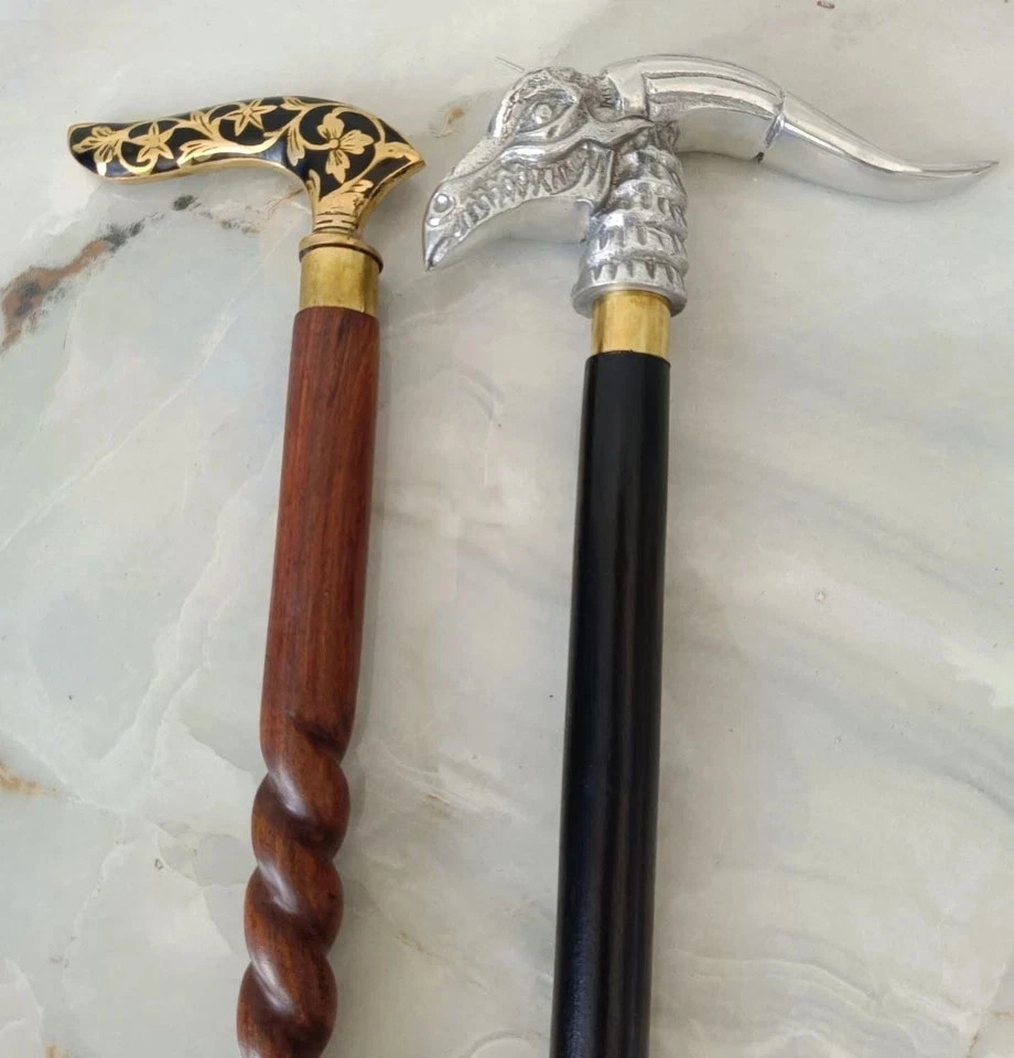 Set of 2 Brass Dragon & Floral Head Walking Sticks Wooden Vintage Gentleman Cane