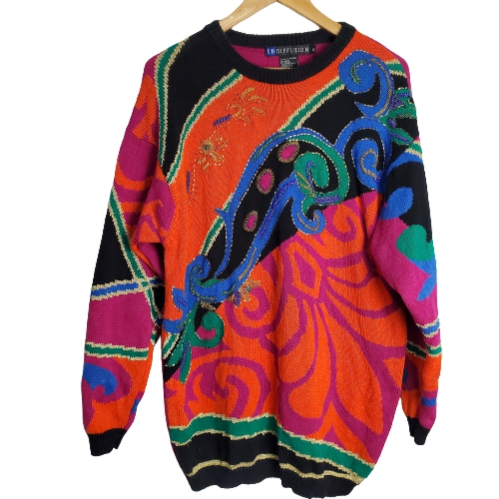 Vintage Colorful Sweater Womens Medium Bright Pink Knit Beaded Glam Rock 90s